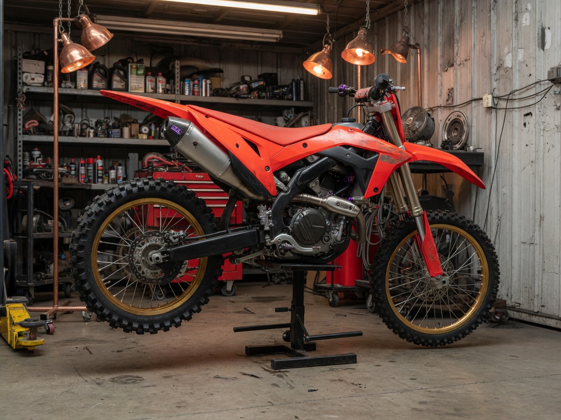 Dirt bike on the stand at Hanson's Performance, Kalispell