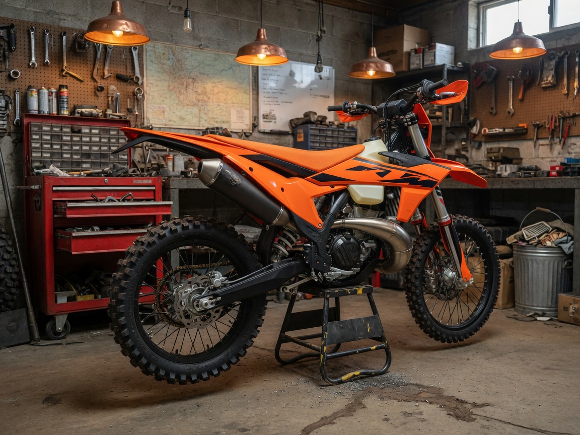 Two-stroke dirt bike in the service bay