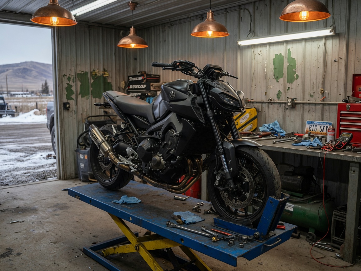 Street bike on the lift at Hanson's Performance